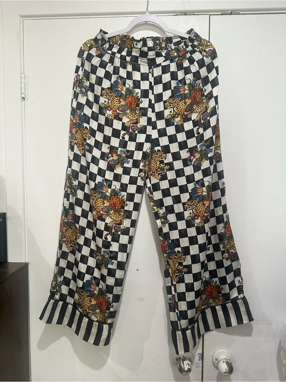 Printfresh Men’s Black & White Checkerboard Pants with Floral Leopard Print